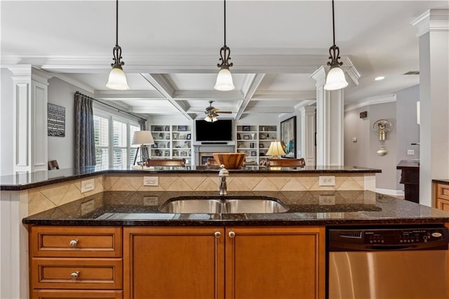 4492 Arbor Crest Ct, Suwanee, GA 30024 - kitchen featuring stainless steel dishwasher, ornate columns, a ceiling fan, decorative light fixtures, and beamed ceiling