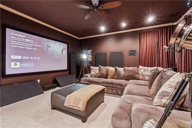 4492 Arbor Crest Ct, Suwanee, GA 30024 - carpeted cinema room with crown molding, a ceiling fan, and recessed lighting