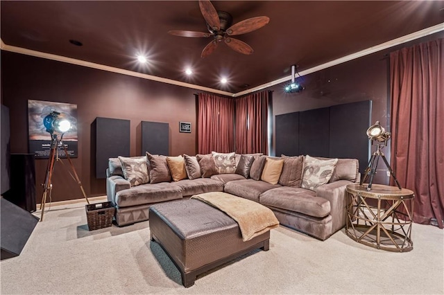 4492 Arbor Crest Ct, Suwanee, GA 30024 - carpeted home theater featuring a ceiling fan, ornamental molding, and recessed lighting