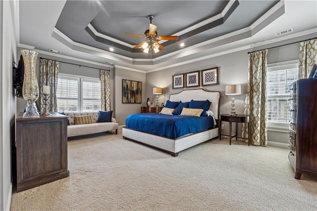 4492 Arbor Crest Ct, Suwanee, GA 30024 - bedroom featuring carpet, a tray ceiling, ornamental molding, and ceiling fan