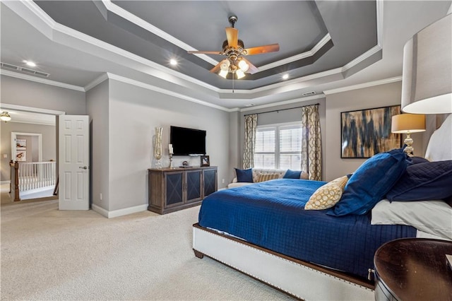4492 Arbor Crest Ct, Suwanee, GA 30024 - bedroom featuring ornamental molding, a raised ceiling, light carpet, recessed lighting, and a ceiling fan