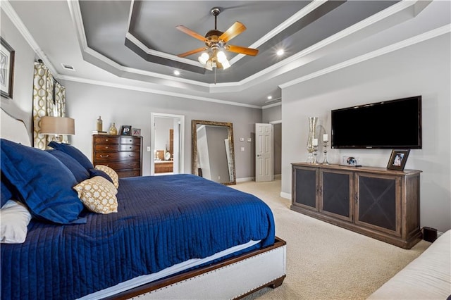 4492 Arbor Crest Ct, Suwanee, GA 30024 - bedroom with a raised ceiling, carpet flooring, crown molding, recessed lighting, and a ceiling fan