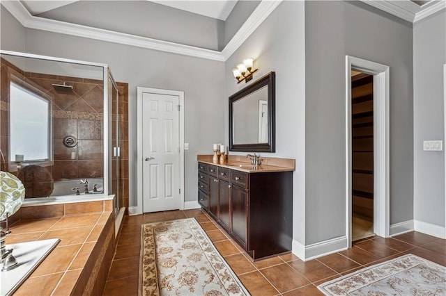 4492 Arbor Crest Ct, Suwanee, GA 30024 - full bathroom with vanity, a bath, tile patterned flooring, a shower stall, and ornamental molding
