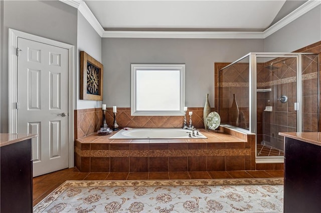 4492 Arbor Crest Ct, Suwanee, GA 30024 - bathroom with a garden tub, a shower stall, and ornamental molding