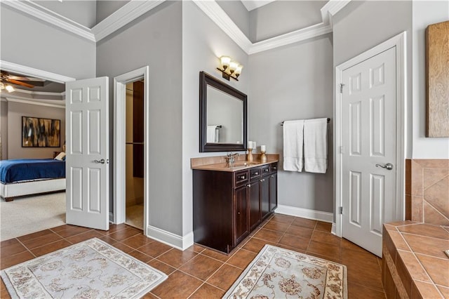 4492 Arbor Crest Ct, Suwanee, GA 30024 - full bathroom featuring crown molding, tile patterned flooring, vanity, ensuite bathroom, and ceiling fan