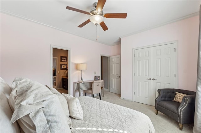 4492 Arbor Crest Ct, Suwanee, GA 30024 - bedroom featuring light carpet, ornamental molding, a closet, and a ceiling fan