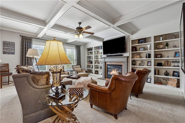 4492 Arbor Crest Ct, Suwanee, GA 30024 - carpeted living room featuring a fireplace with flush hearth, beam ceiling, crown molding, a ceiling fan, and coffered ceiling