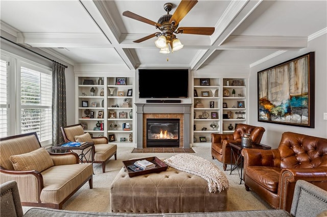 4492 Arbor Crest Ct, Suwanee, GA 30024 - living room featuring crown molding, ceiling fan, a tile fireplace, carpet, and beamed ceiling