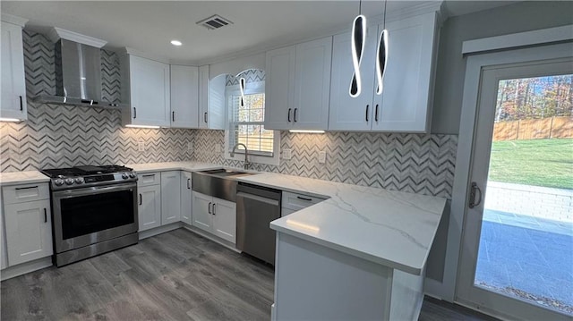 kitchen with white cabinets, sink, wall chimney exhaust hood, dark hardwood / wood-style floors, and appliances with stainless steel finishes