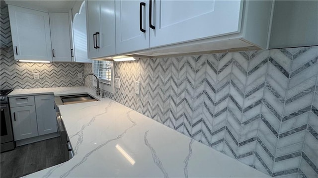 kitchen with white cabinetry, light stone counters, and sink