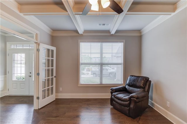 4240 Summer Breeze Way, Buford, GA 30518 - living area with coffered ceiling, beam ceiling, dark wood finished floors, a ceiling fan, and baseboards