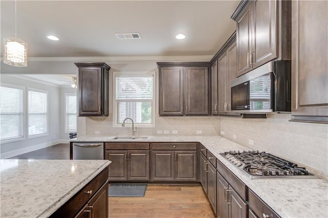 4240 Summer Breeze Way, Buford, GA 30518 - kitchen featuring a sink, appliances with stainless steel finishes, crown molding, light wood-style floors, and dark brown cabinetry