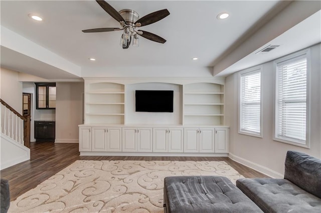 4240 Summer Breeze Way, Buford, GA 30518 - living area with wood finished floors, baseboards, stairs, a ceiling fan, and recessed lighting