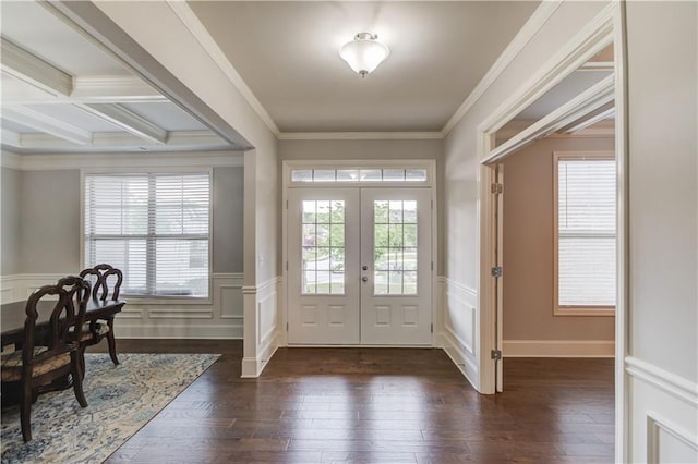 4240 Summer Breeze Way, Buford, GA 30518 - foyer featuring french doors, hardwood / wood-style flooring, crown molding, a wainscoted wall, and beam ceiling