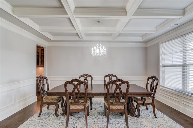 4240 Summer Breeze Way, Buford, GA 30518 - dining room featuring a chandelier, coffered ceiling, wood finished floors, beamed ceiling, and a wainscoted wall