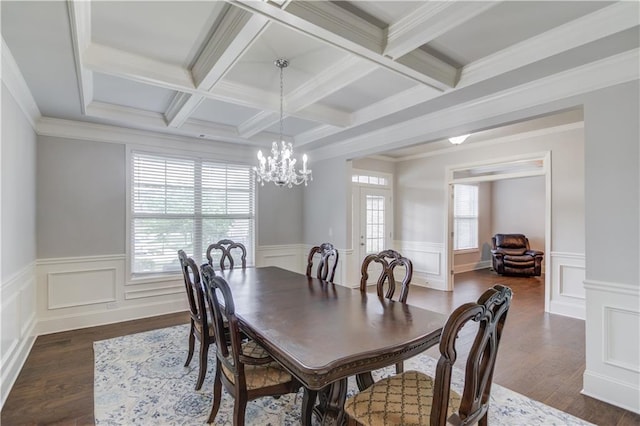 4240 Summer Breeze Way, Buford, GA 30518 - dining area featuring a chandelier, beamed ceiling, dark wood-style floors, wainscoting, and coffered ceiling