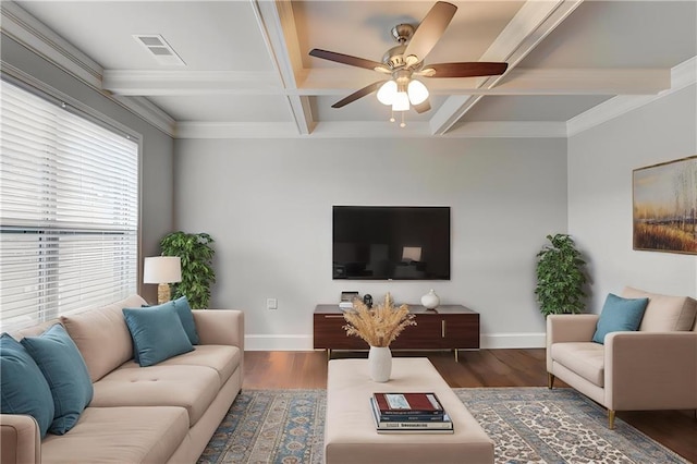 4240 Summer Breeze Way, Buford, GA 30518 - living area with coffered ceiling, baseboards, a ceiling fan, wood finished floors, and beam ceiling