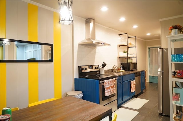 1452 Mercer Ave, Atlanta, GA 30337 - kitchen with wall chimney range hood, appliances with stainless steel finishes, blue cabinets, ornamental molding, and open shelves