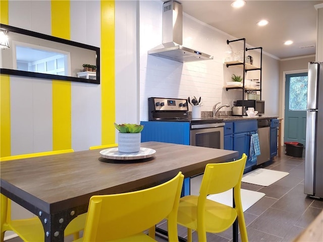 1452 Mercer Ave, Atlanta, GA 30337 - kitchen featuring island exhaust hood, stainless steel appliances, ornamental molding, blue cabinetry, and dark countertops