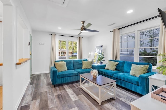 1452 Mercer Ave, Atlanta, GA 30337 - living room featuring wood finished floors, a ceiling fan, and recessed lighting