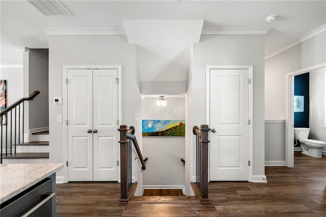 234 Retreat Ln, Canton, GA 30114 - stairway featuring wood finished floors, ornamental molding, and baseboards