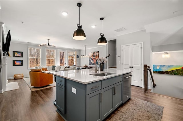 234 Retreat Ln, Canton, GA 30114 - kitchen with a sink, crown molding, gray cabinetry, stainless steel dishwasher, and dark wood-style floors