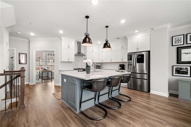 234 Retreat Ln, Canton, GA 30114 - kitchen with stainless steel fridge, white cabinetry, wall chimney exhaust hood, baseboards, and backsplash