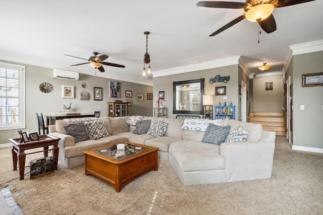 living area featuring crown molding, light carpet, baseboards, a wall mounted air conditioner, and ceiling fan