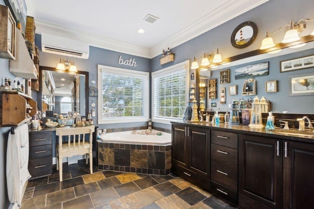 bathroom featuring double vanity, a wall unit AC, a garden tub, visible vents, and a sink