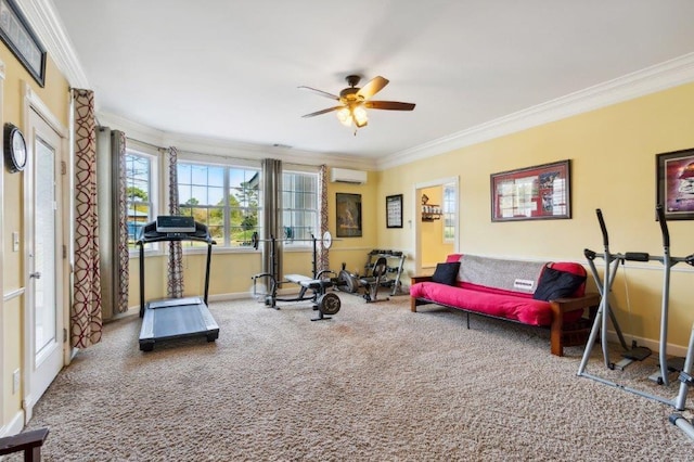 workout room with a ceiling fan, carpet floors, baseboards, an AC wall unit, and ornamental molding