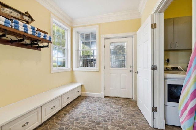 mudroom featuring washer / dryer, baseboards, stone floors, and ornamental molding