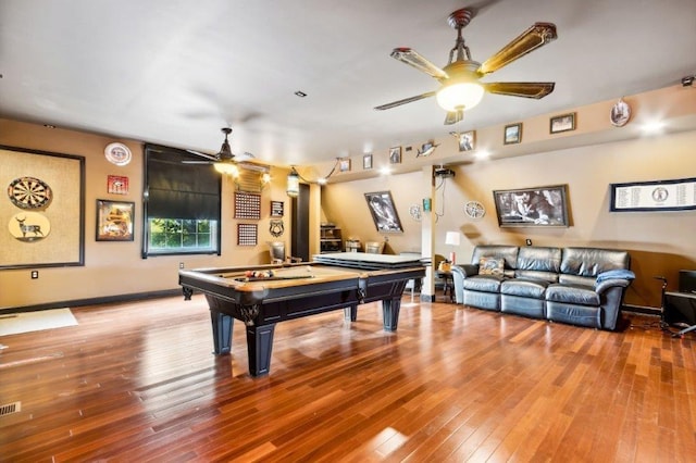 rec room with billiards, ceiling fan, wood-type flooring, and visible vents