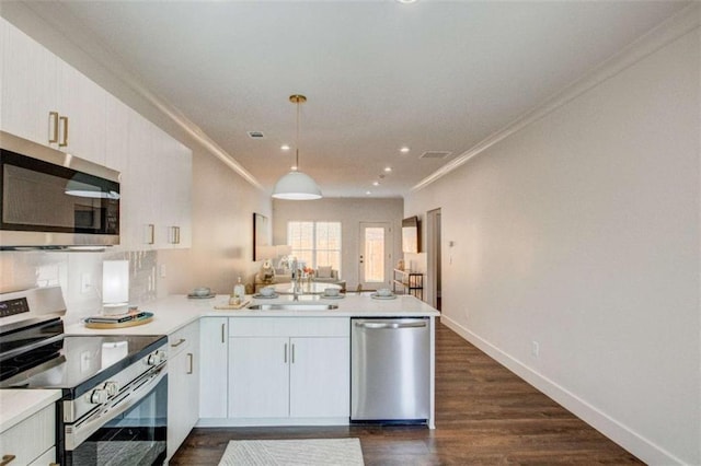 kitchen with kitchen peninsula, appliances with stainless steel finishes, ornamental molding, sink, and pendant lighting