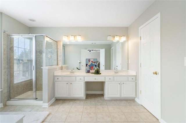 4855 Payson Ter SE Unit 3, Atlanta, GA 30339 - bathroom featuring double vanity, a shower stall, tile patterned floors, and baseboards