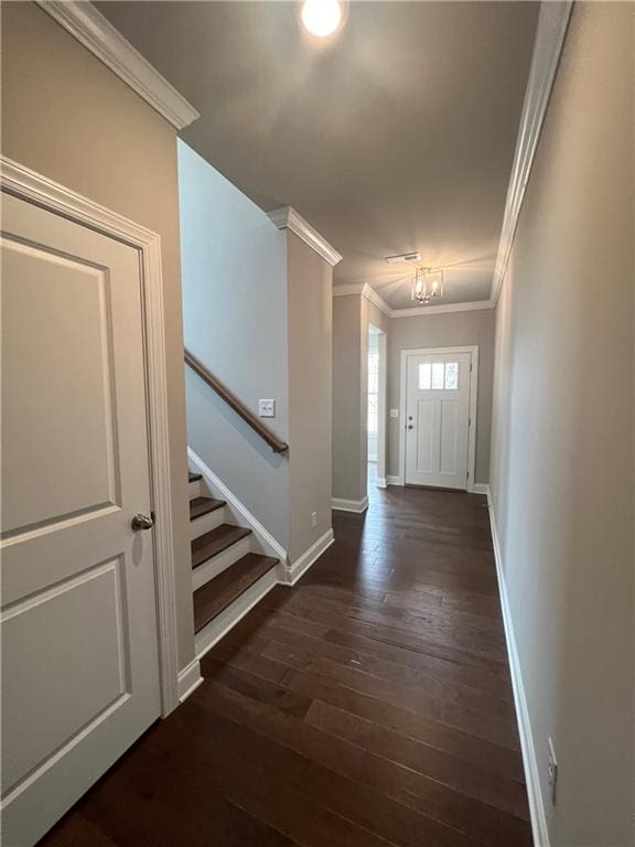 foyer with crown molding and dark wood-type flooring