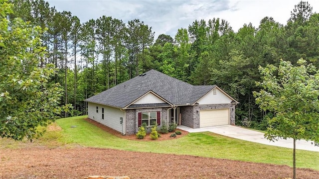 509 Grace Ln, Villa Rica, GA 30180 - ranch-style home with an attached garage, a front yard, concrete driveway, brick siding, and roof with shingles