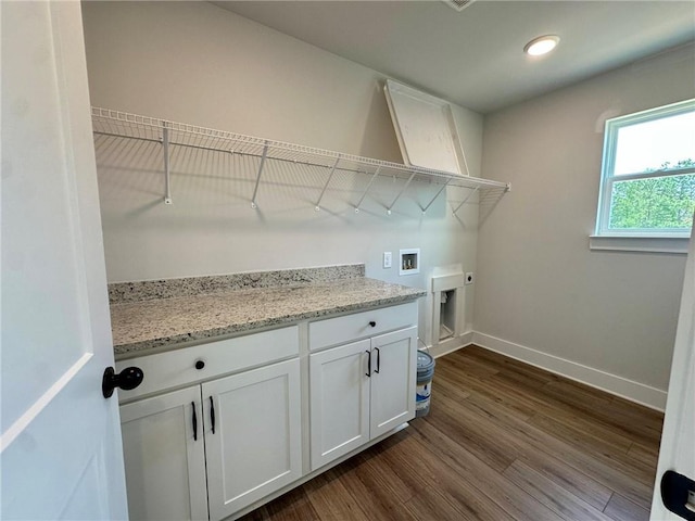 washroom featuring dark wood-style flooring, baseboards, recessed lighting, washer hookup, and hookup for an electric dryer