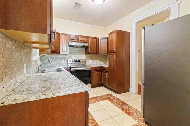 kitchen featuring sink, backsplash, stainless steel appliances, ornamental molding, and light tile patterned floors