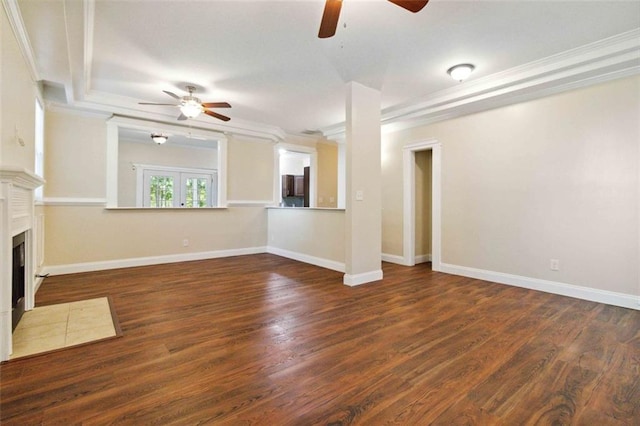 unfurnished living room featuring crown molding, dark hardwood / wood-style floors, and ceiling fan