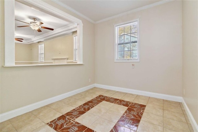 empty room with crown molding, tile patterned flooring, and ceiling fan