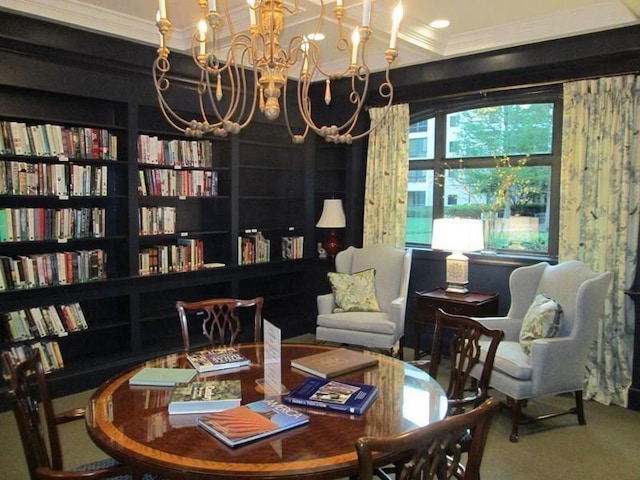 1800 Clairmont Lk Unit 313, Decatur, GA 30033 - carpeted dining room with ornamental molding and a chandelier