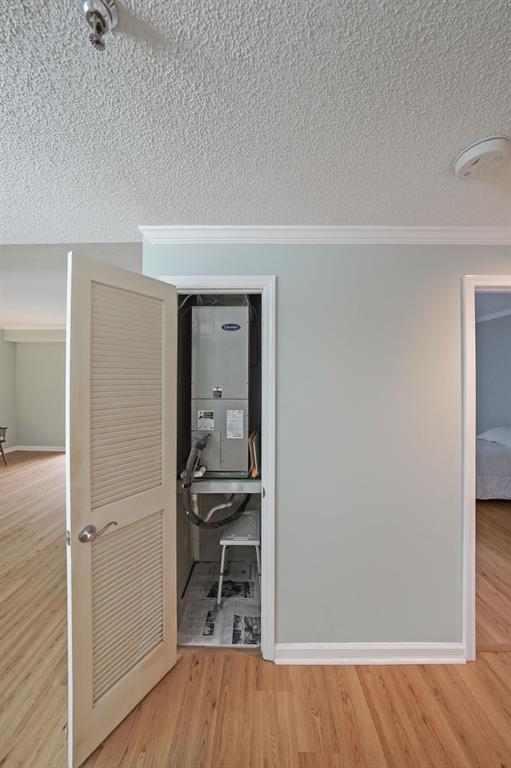 1800 Clairmont Lk Unit 313, Decatur, GA 30033 - hall featuring ornamental molding, a textured ceiling, an office area, wood finished floors, and water heater