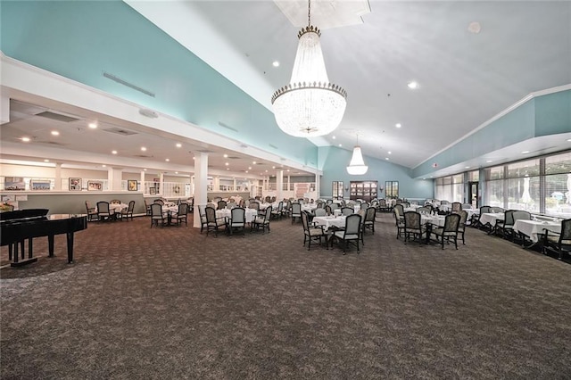 1800 Clairmont Lk Unit 313, Decatur, GA 30033 - carpeted dining room with high vaulted ceiling, a chandelier, recessed lighting, and crown molding