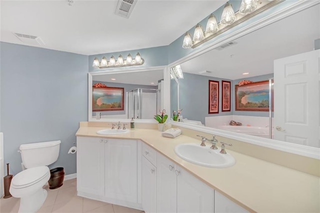 full bathroom with tile patterned flooring, vanity, toilet, and independent shower and bath