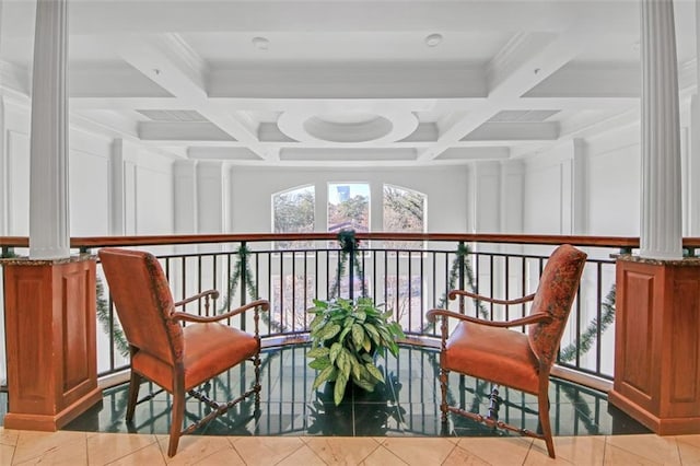 sitting room with beam ceiling, tile patterned floors, and coffered ceiling