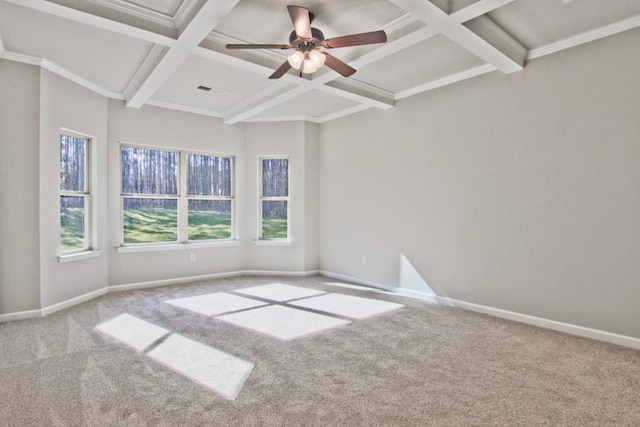 238 Linford Dr, Locust Grove, GA 30248 - carpeted empty room featuring coffered ceiling, beamed ceiling, a ceiling fan, and baseboards