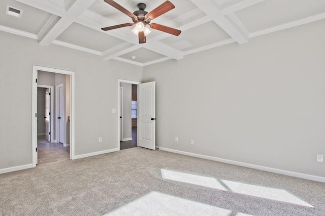 238 Linford Dr, Locust Grove, GA 30248 - unfurnished bedroom featuring coffered ceiling, carpet floors, baseboards, beamed ceiling, and ceiling fan