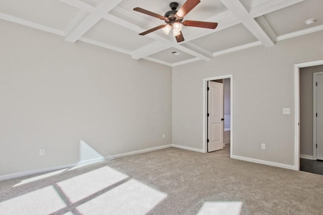 238 Linford Dr, Locust Grove, GA 30248 - unfurnished bedroom with coffered ceiling, beamed ceiling, carpet flooring, baseboards, and ceiling fan