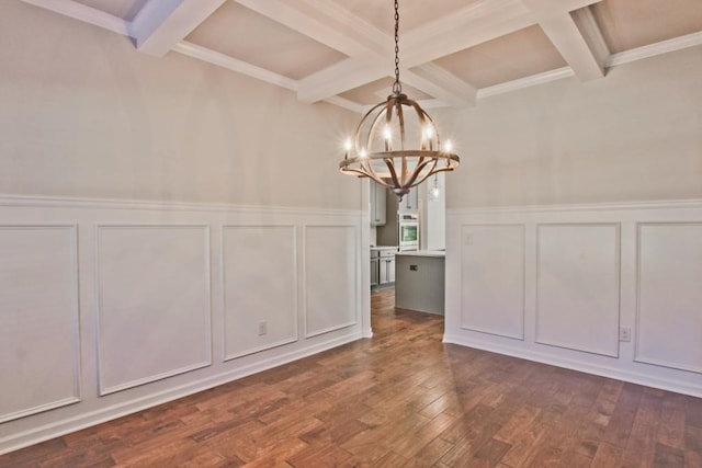 238 Linford Dr, Locust Grove, GA 30248 - unfurnished dining area featuring a decorative wall, coffered ceiling, beam ceiling, a chandelier, and dark wood finished floors