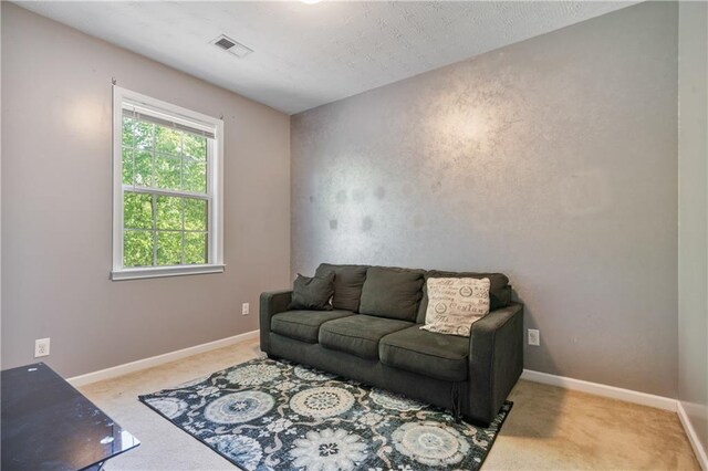 carpeted living area featuring baseboards and visible vents